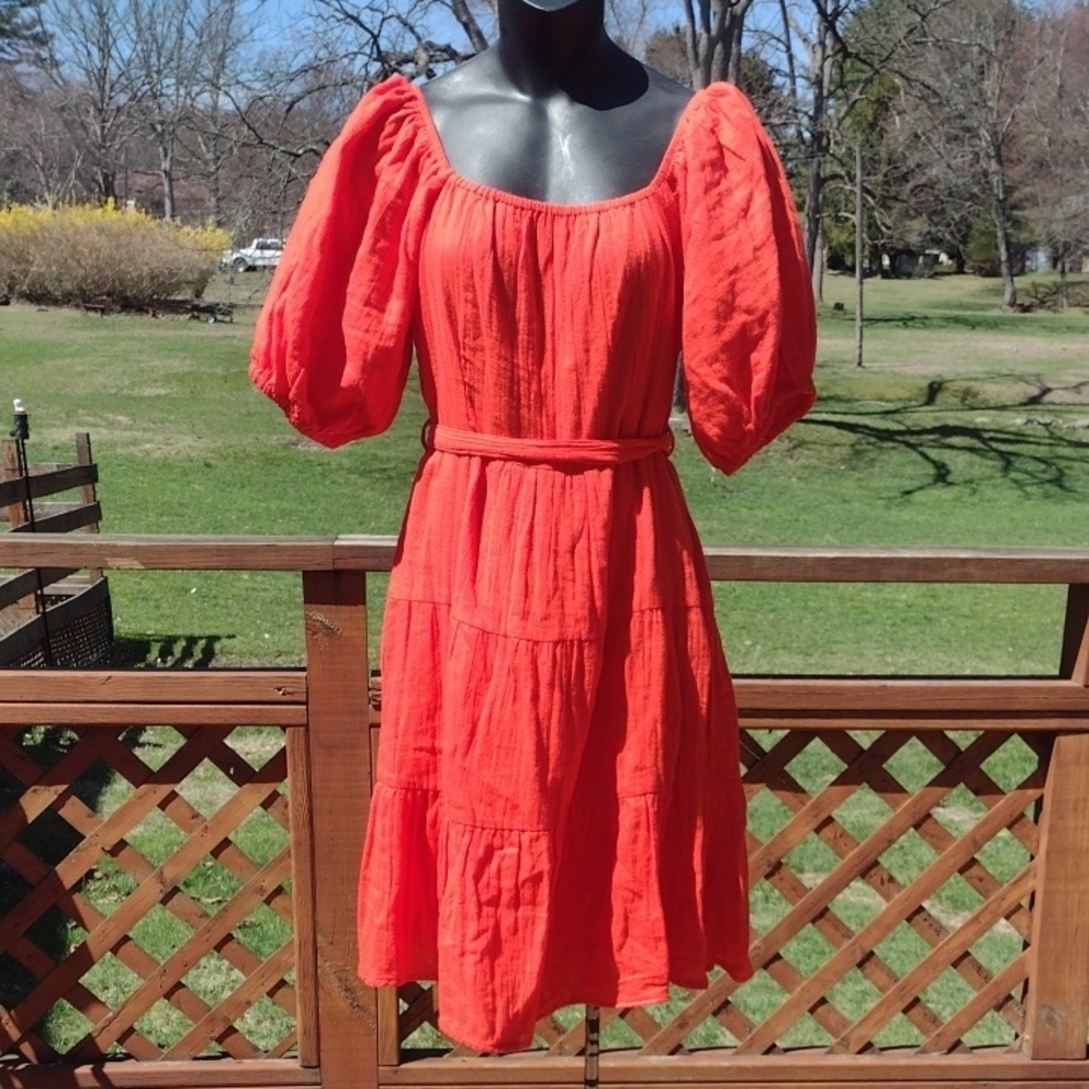 Sim & Sam Bright Coral Puff Sleeve Cotton Dress Size Large